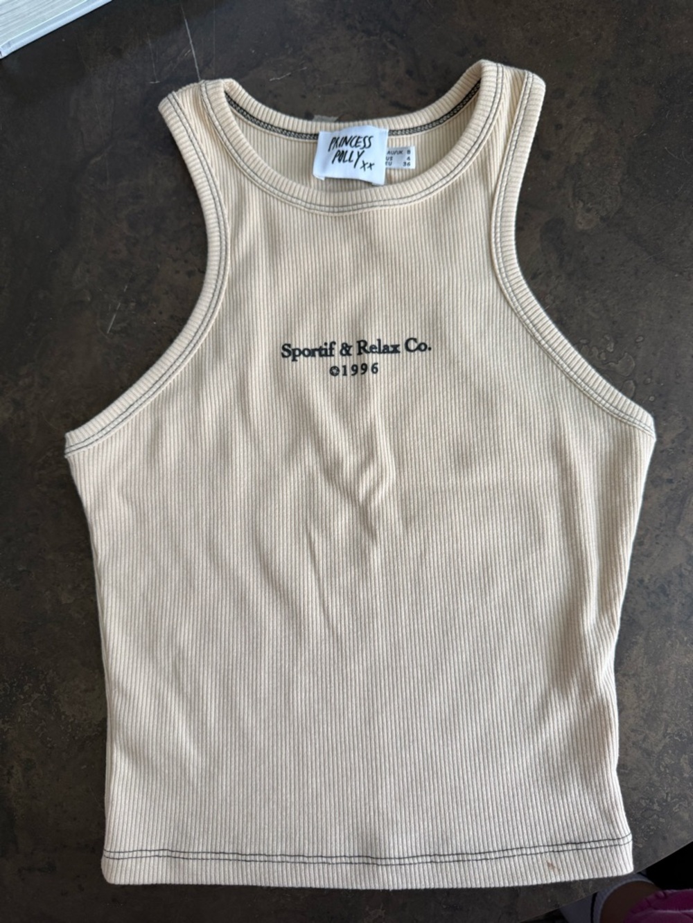 Princess Polly Beige Ribbed Tank with Black Graphic